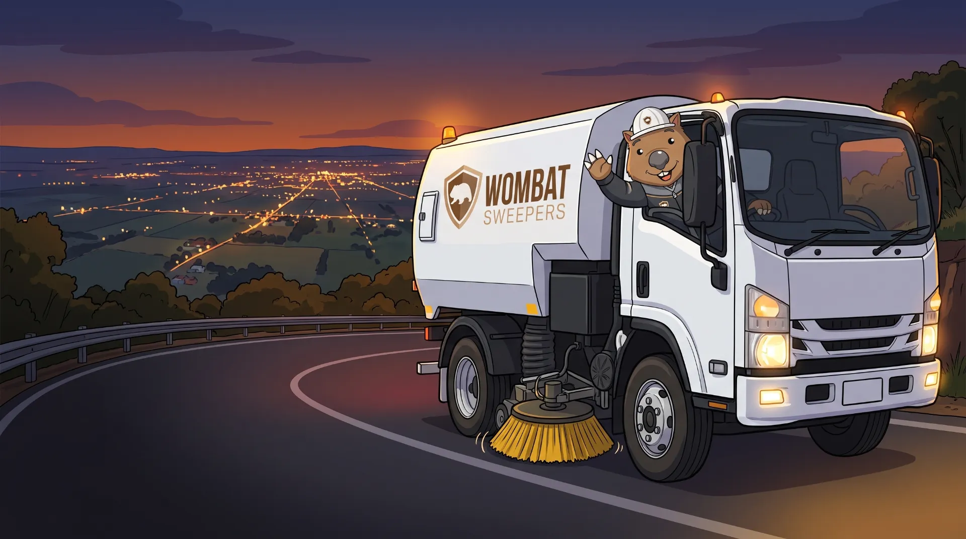 Wombat Sweepers mascot waves from the cab of a branded street sweeper truck at night in Toowoomba, the landscape silhouetted