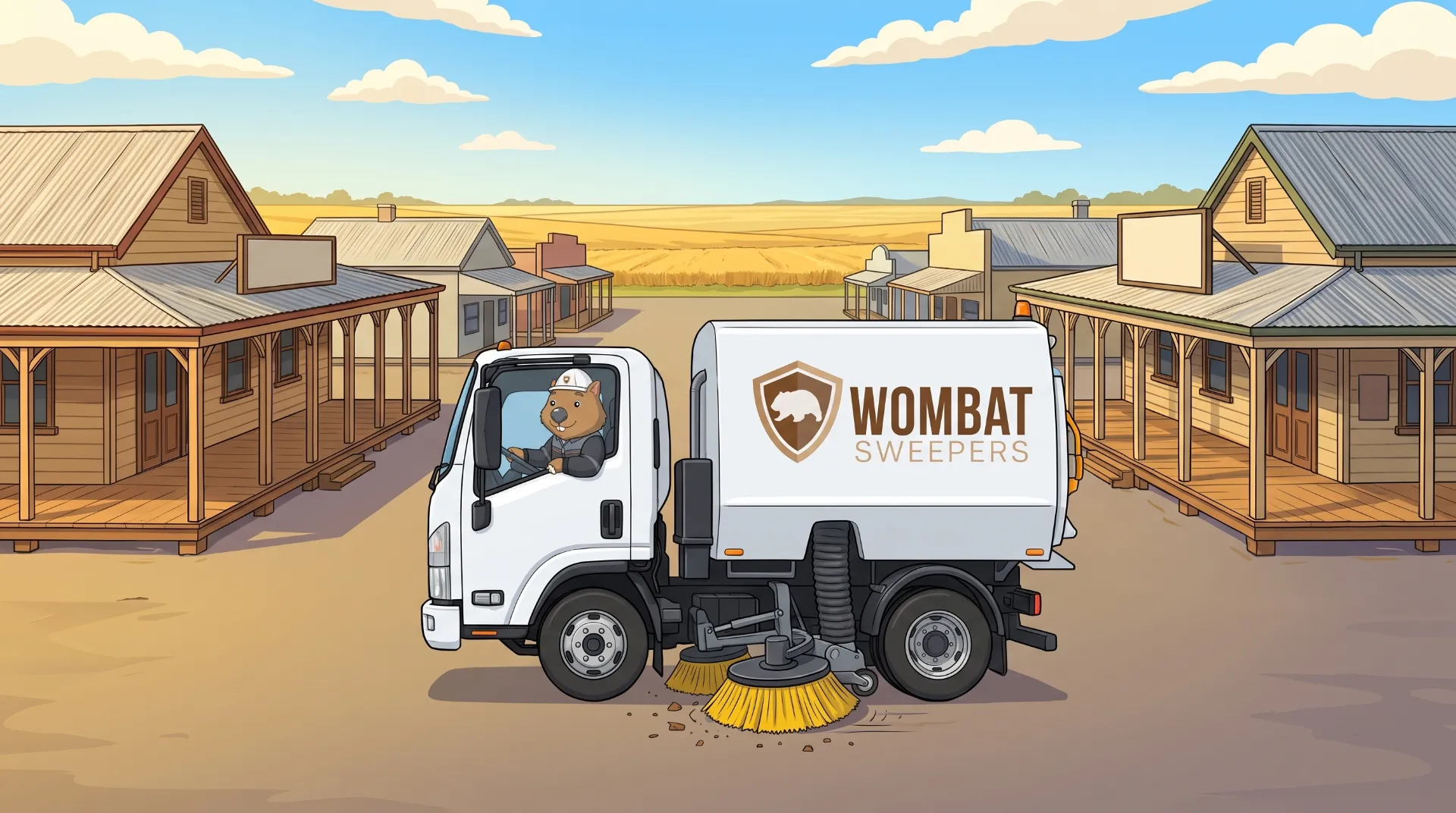 Wombat Sweepers mascot drives a branded street sweeper truck through a regional town