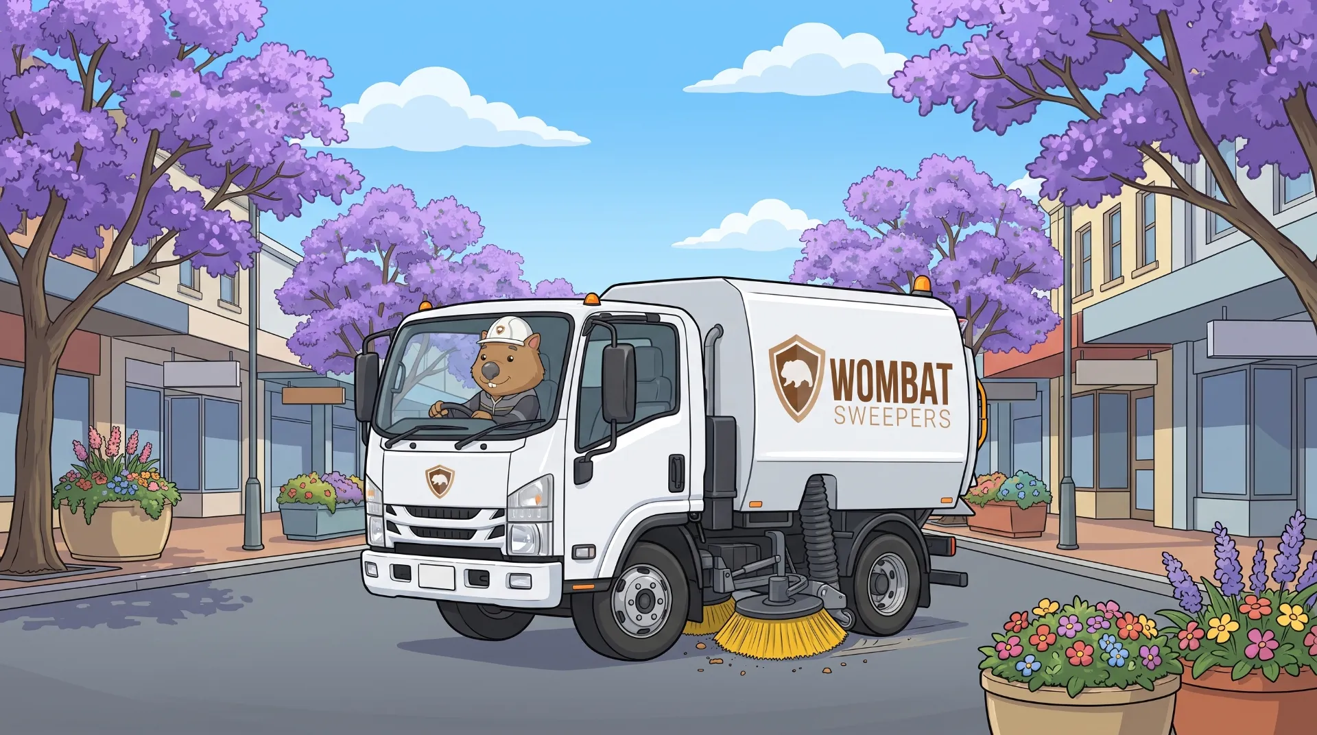 Wombat Sweepers mascot drives a branded street sweeper truck on a contract road sweeping run