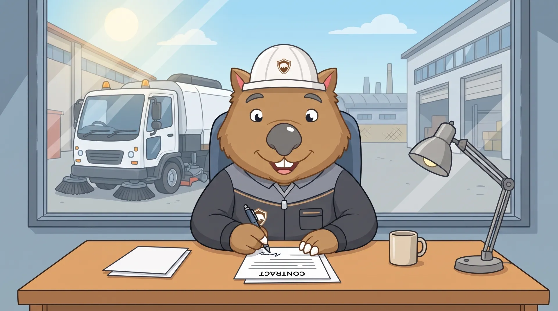Wombat Sweepers mascot signs a contract at a desk in the depot office, a sweeper truck visible through the window