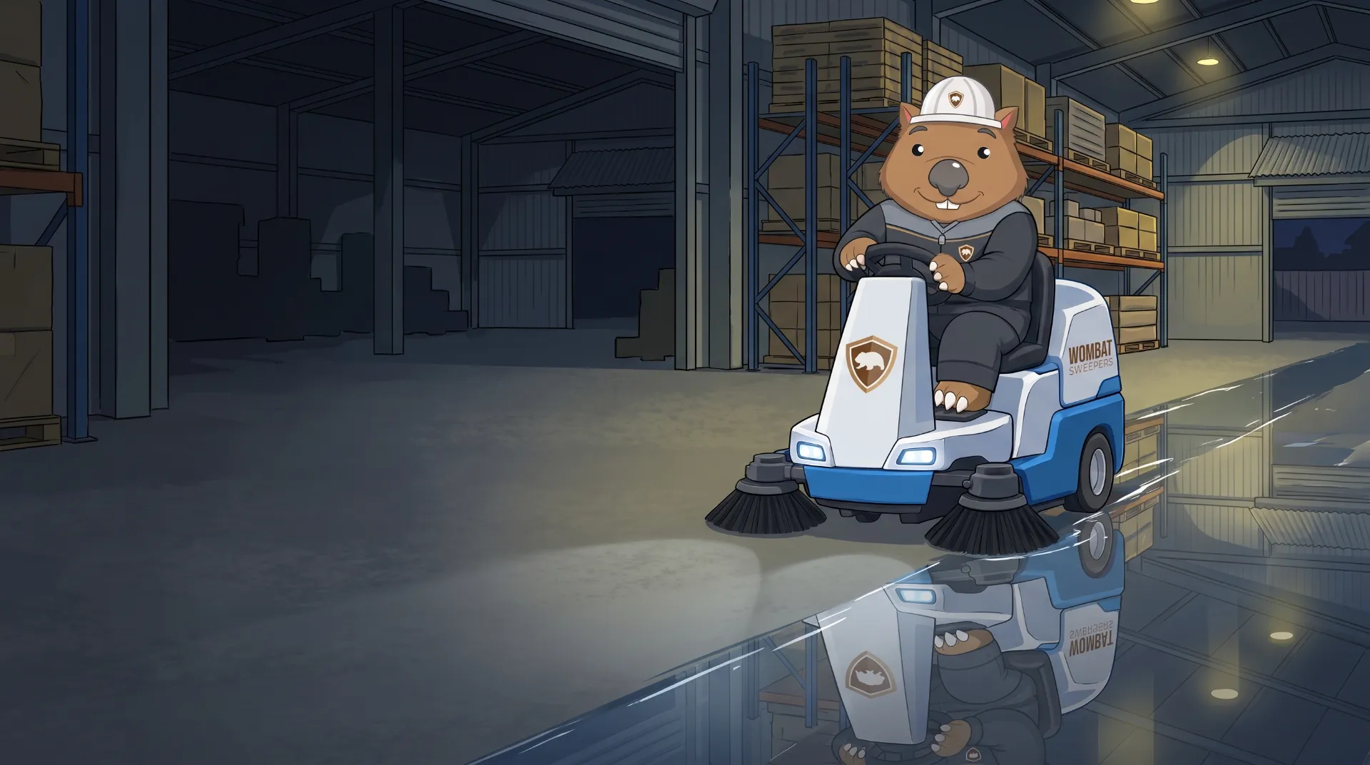 Wombat Sweepers mascot drives a ride-on floor scrubber turning a grey warehouse floor glossy at night