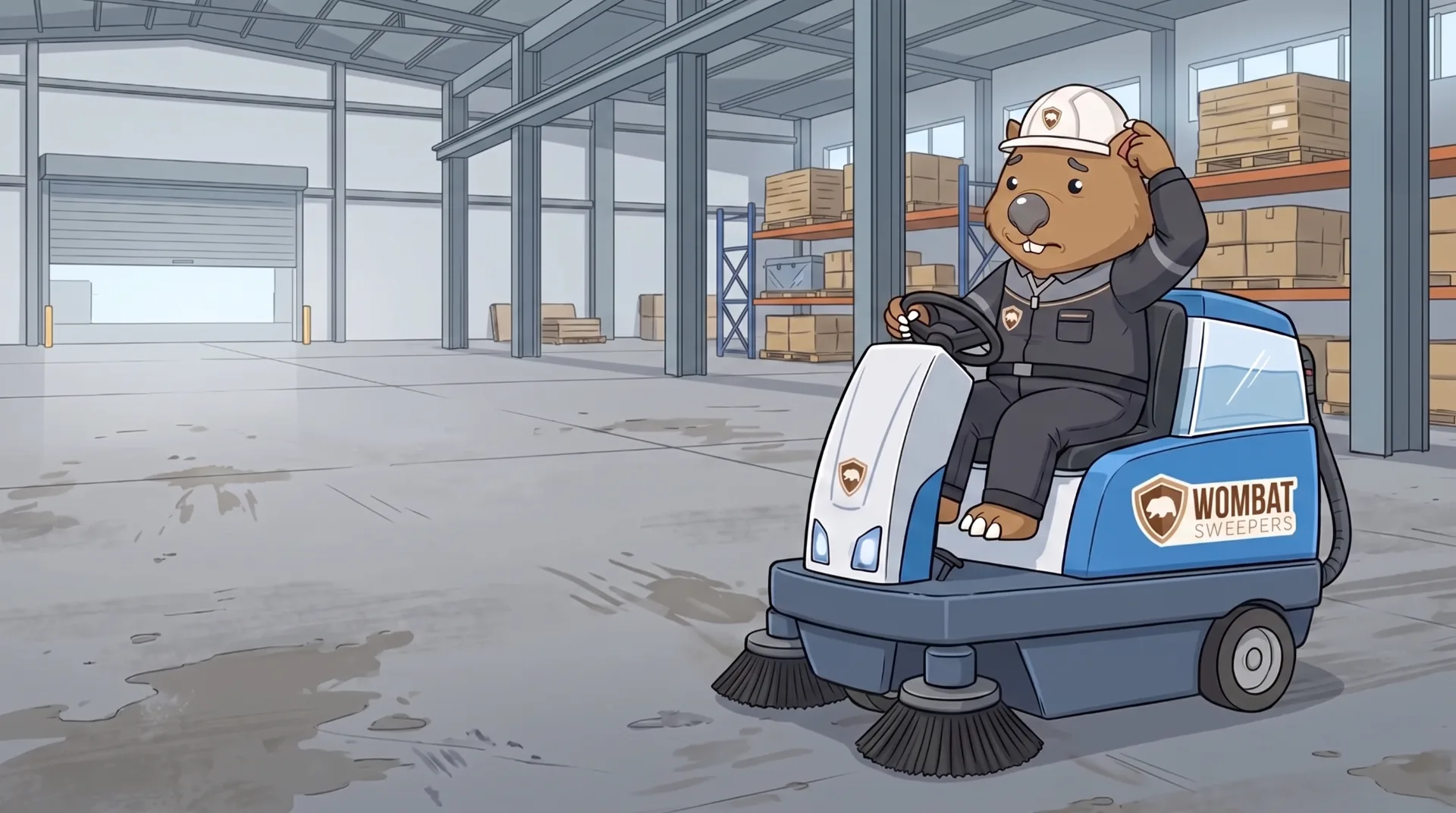 Wombat Sweepers mascot drives a ride-on sweeper across a concrete warehouse slab that is still grey and dusty, puzzled expression