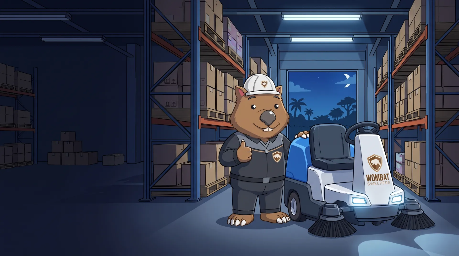 Wombat Sweepers mascot gives a thumbs up beside a ride-on floor scrubber in a warehouse aisle at night