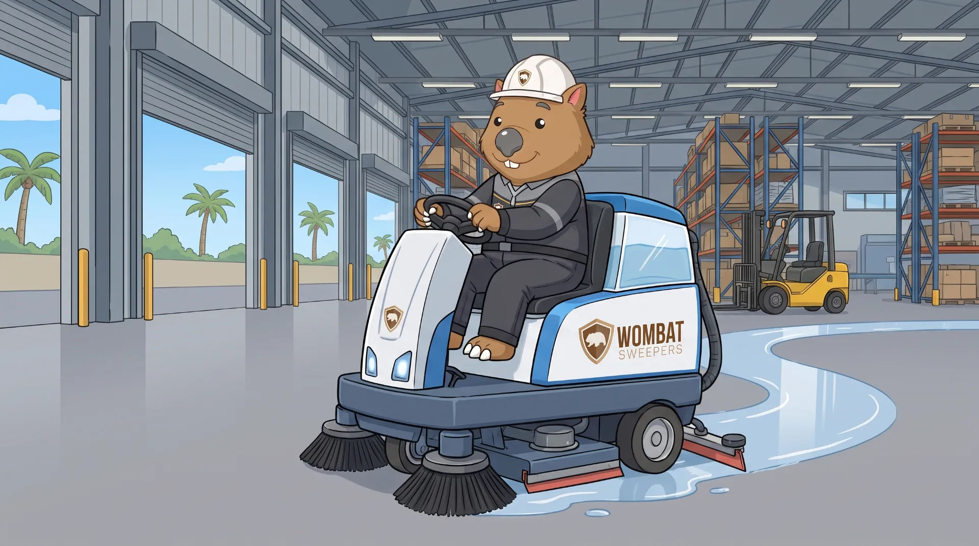 Wombat Sweepers mascot drives a ride-on floor scrubber along a warehouse floor near pallet racking and a forklift