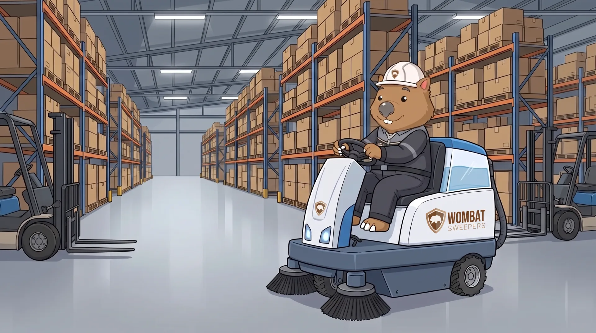 Wombat Sweepers mascot drives a ride-on sweeper along a racking aisle of a logistics warehouse