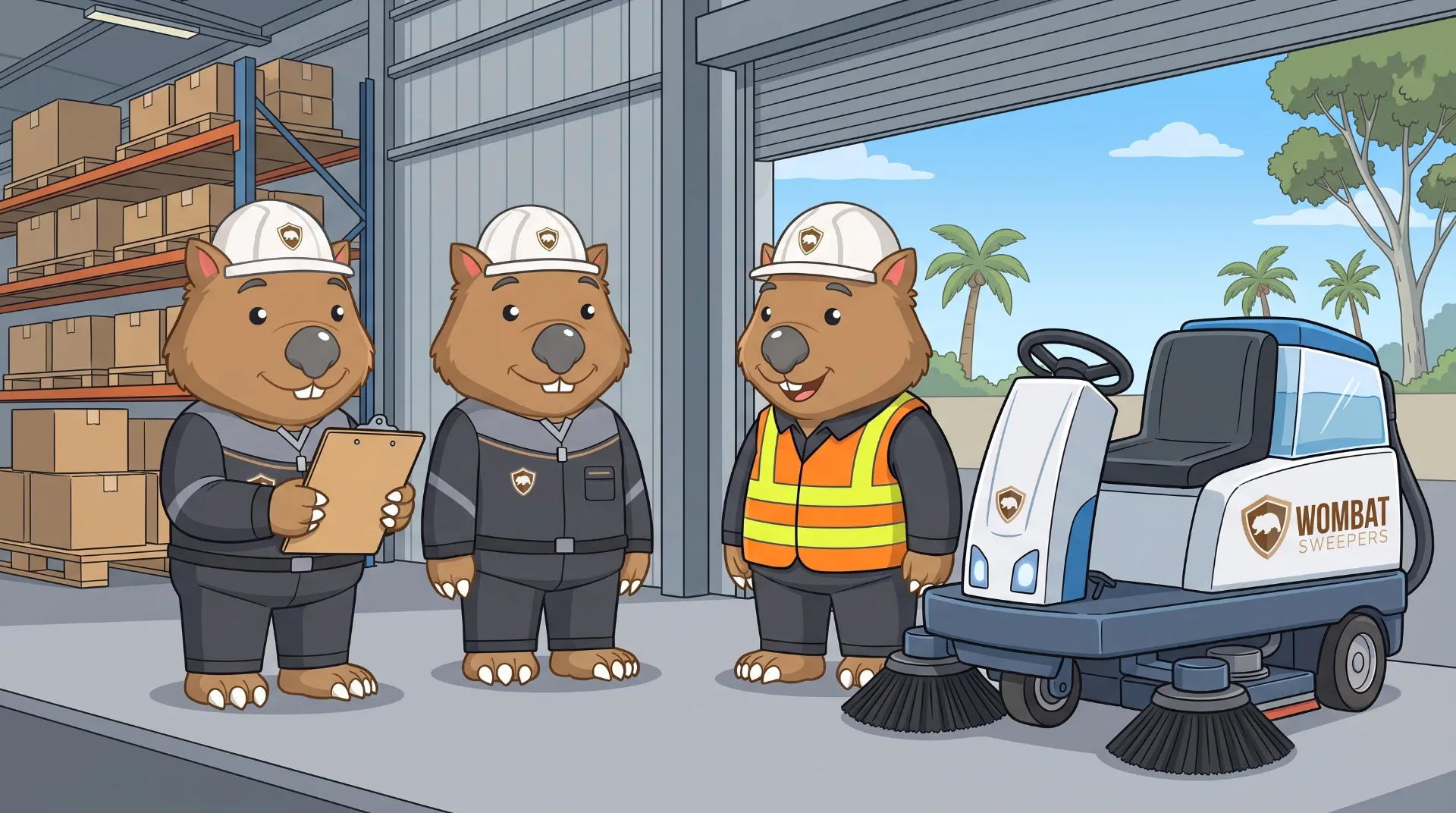 Wombat Sweepers mascot and a second identical wombat crew member chat beside their machine, one holding a clipboard
