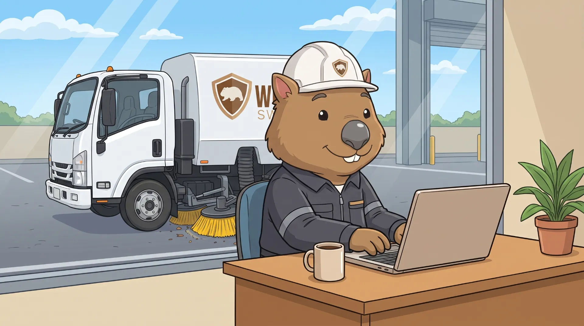 Wombat Sweepers mascot types on a laptop at a depot office desk