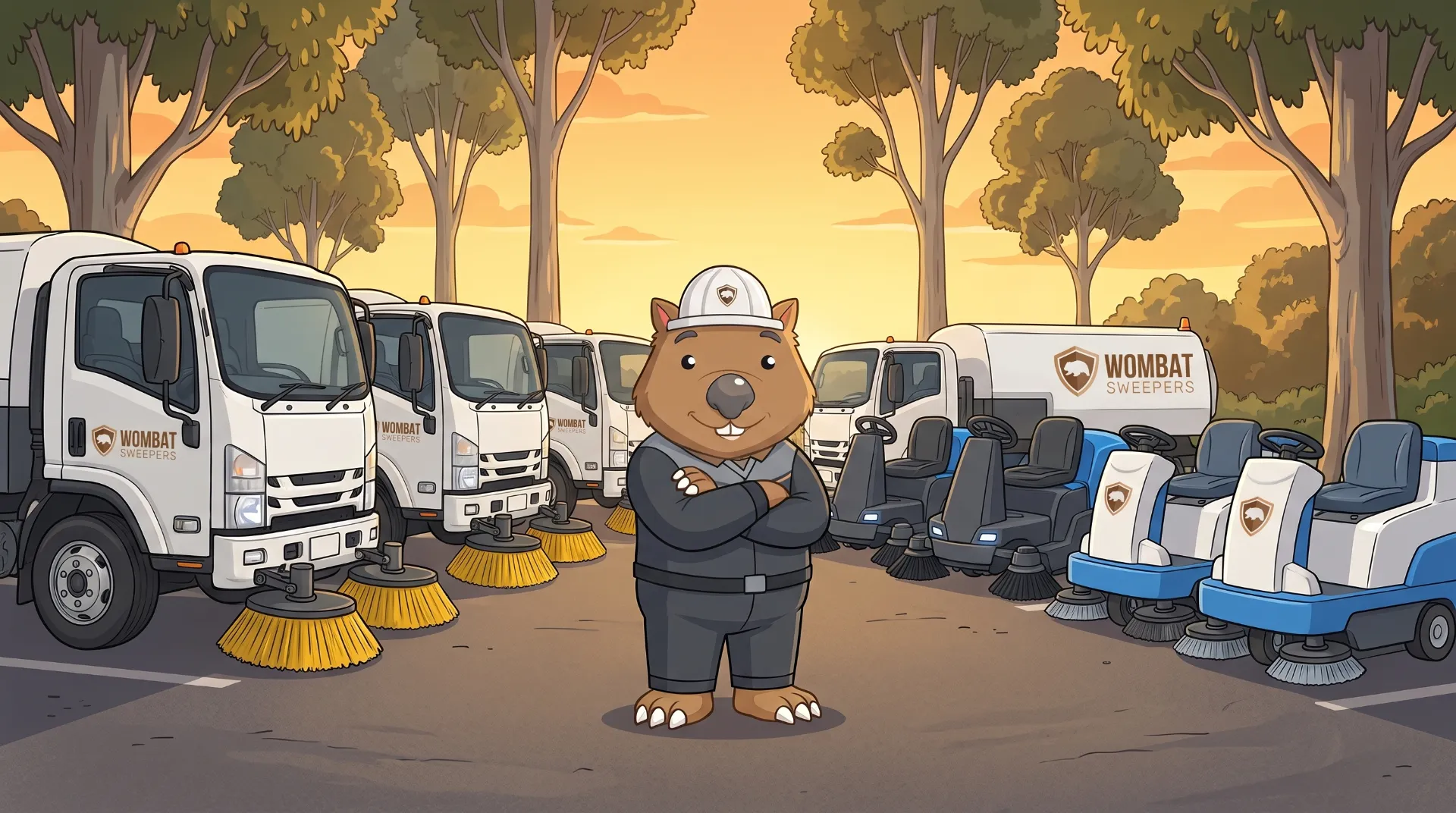 Wombat Sweepers mascot stands proudly with arms crossed in front of the depot fleet — trucks, sweepers and scrubbers — at golden hour