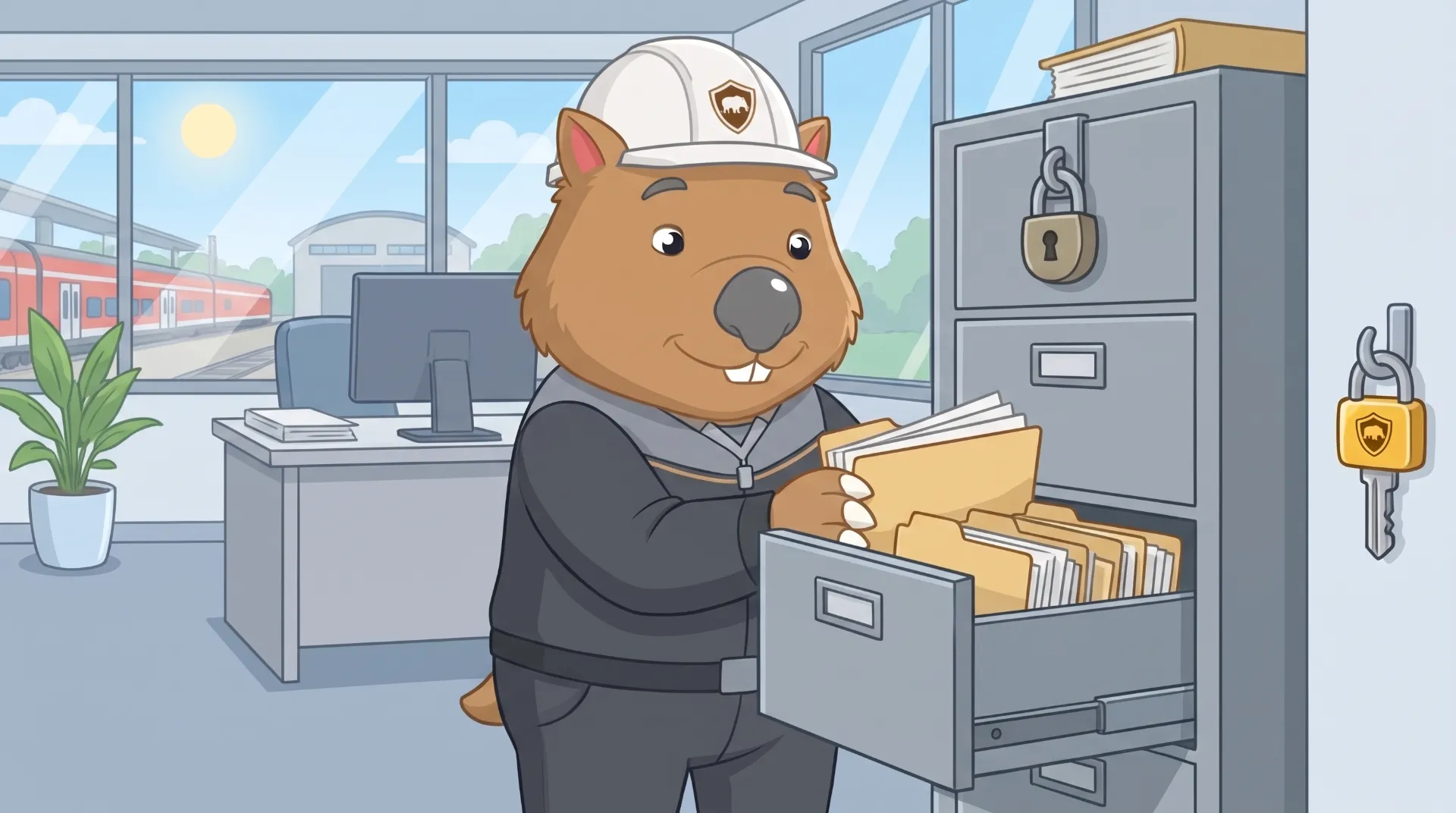 Wombat Sweepers mascot files papers into a tidy cabinet in a bright depot office