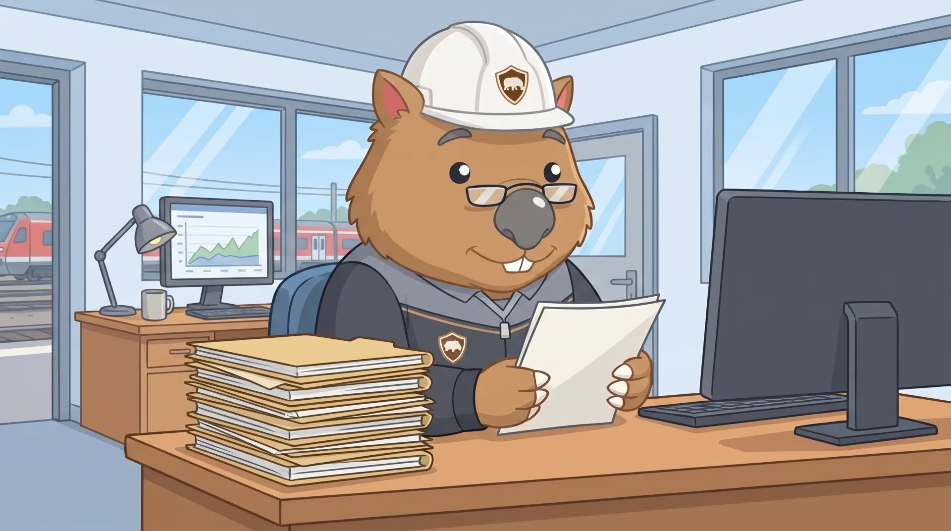 Wombat Sweepers mascot reads a document with reading glasses perched on the nose at the depot office desk
